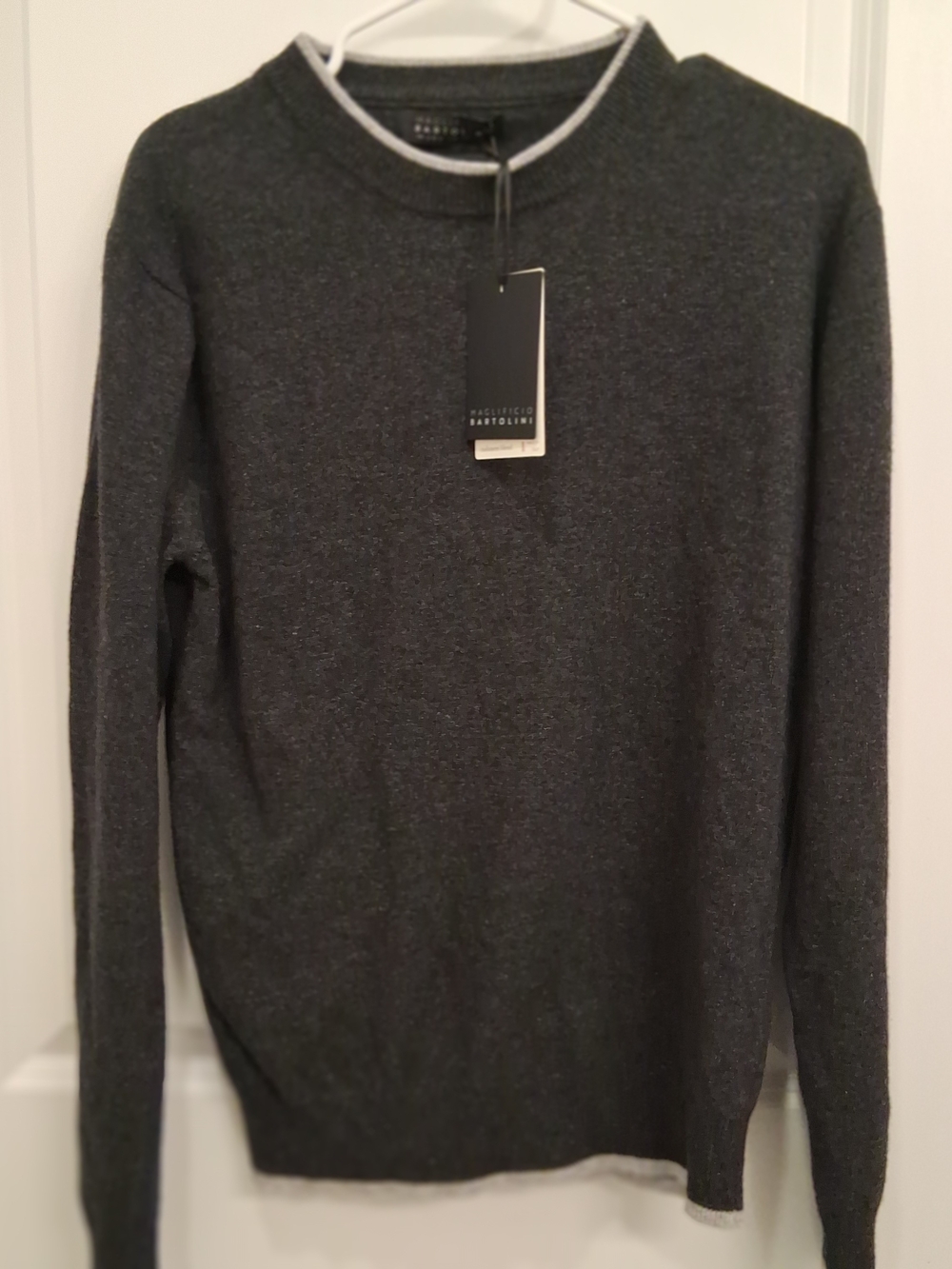 Italian Men's Charcoal Crewneck Sweater with Contrast Trim, Cashmere, Wool